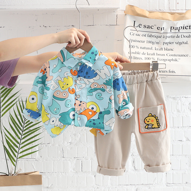 Children's clothing boys' set 2025 new autumn printed dinosaur children's shirt two-piece set of baby boys' clothes