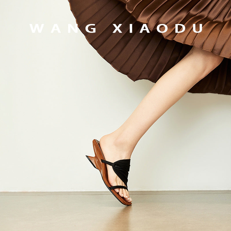Sheepskin color-blocked retro square toe straight with wedge heel slippers women's summer wear Korean version of open-toe high-heeled sandals