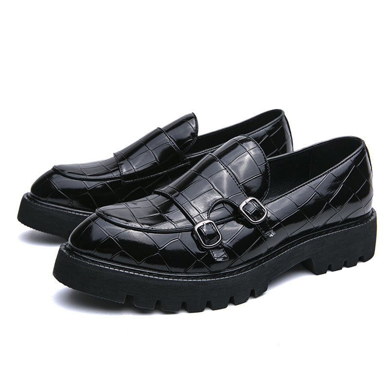 2023 new size double pin buckle loafers men's patent leather shiny block heel platform sole heightened hairstylist casual leather shoes