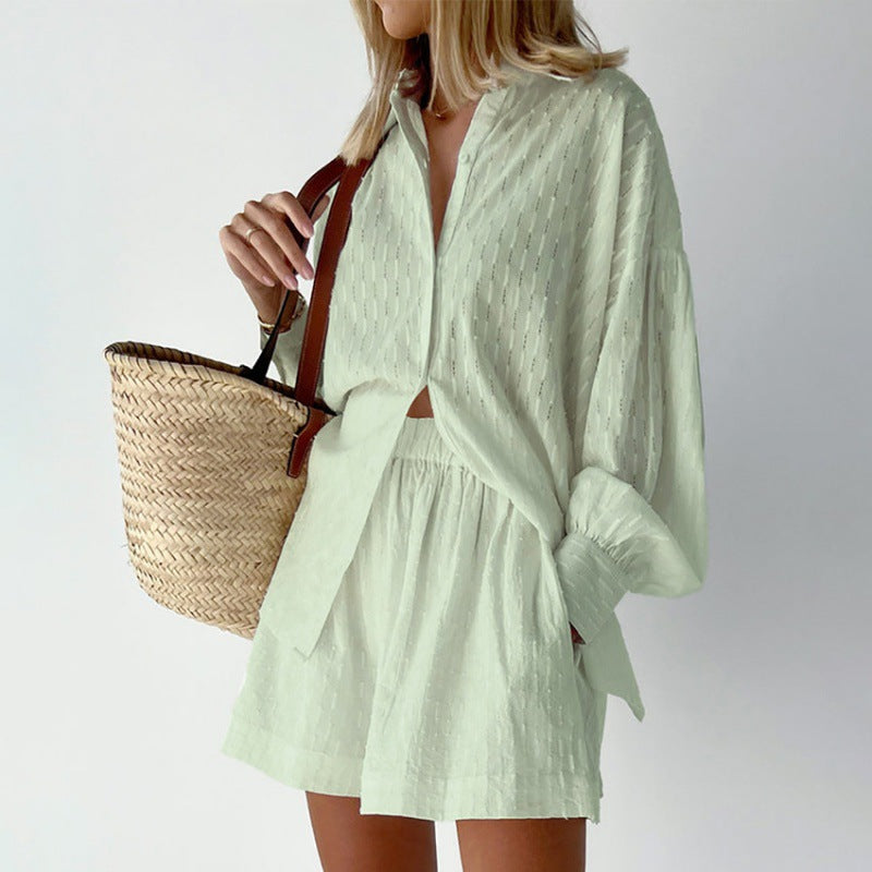 2024 summer women's European and American shirts, jacquard puff sleeves, temperament tops, shorts, commuting design, sense of casual suit