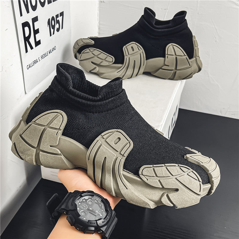 Men's Shoes Summer Breathable Thin Mesh Fly Knit Socks Shoes 2024 New Thick-soled One-Foot Shoes Men's Dad Shoes