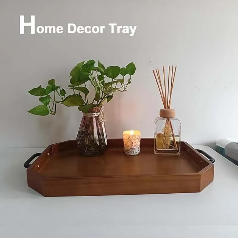 Vintage Rectangular Solid Wood Tray Iron Handle Home Afternoon Tea Snack Plate Coffee Plate Bread Fruit Display Plate