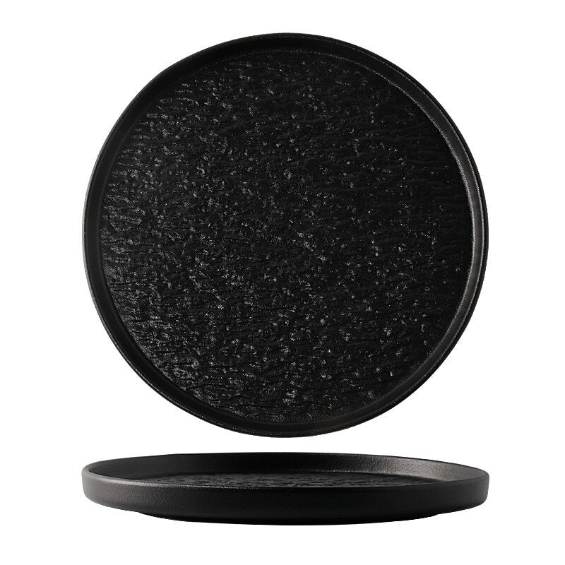 Rock pattern round steak steak plate western food plate japanese simple black and white ceramic restaurant tableware premium sense wholesale