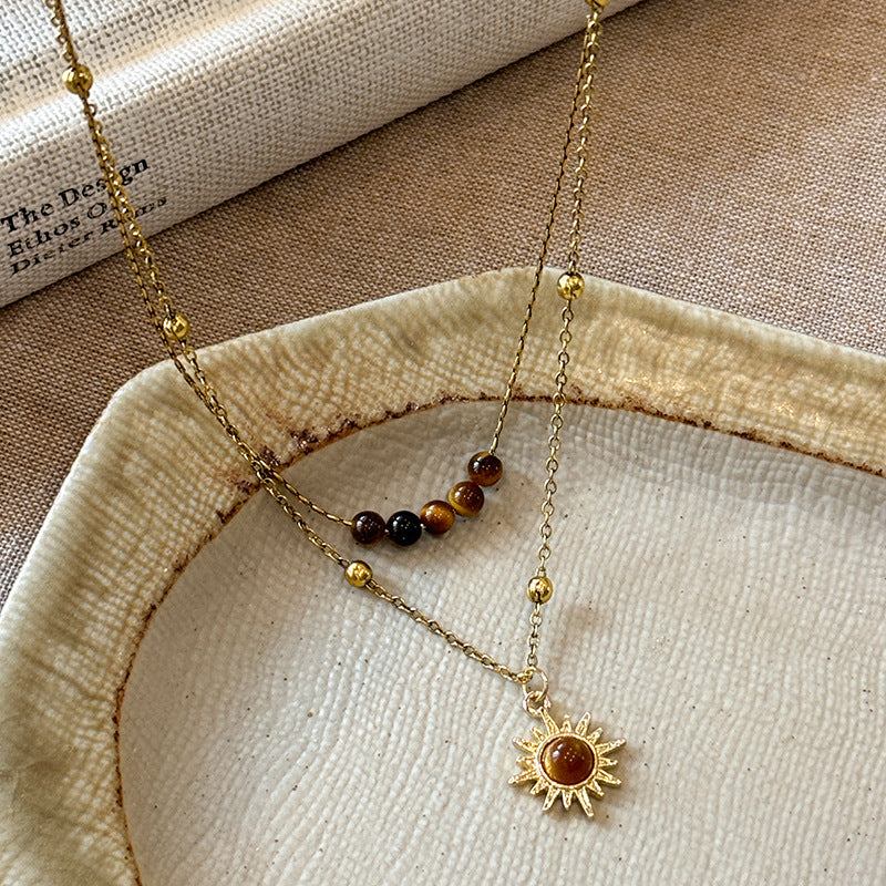 Vintage Gold Sunflower Tiger's Eye Necklace Women's Niche Design Sense Stacking Sweater Chain Autumn Winter Clavicle Chain Accessories