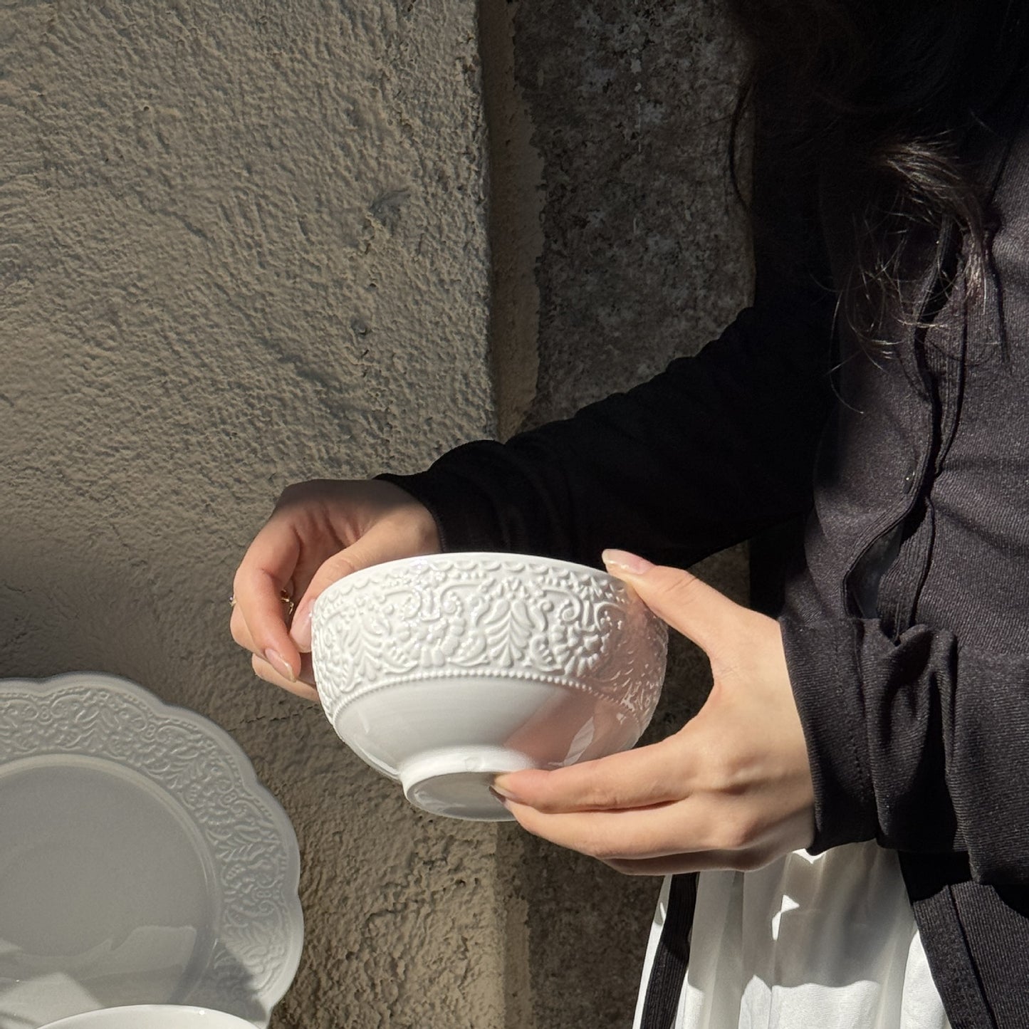 French vintage petal edge embossed ceramic pure white tableware dessert breakfast salad dinner plate coffee cup saucer