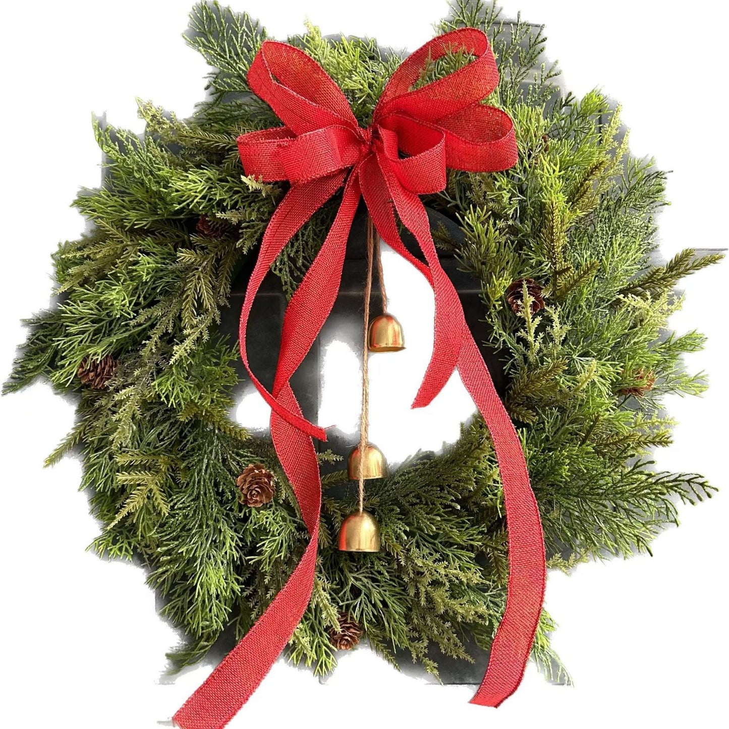 2024 New Christmas Wreath Door Decoration Pendant Simulated Eucalyptus Bell Bow Wall Decoration Cross-border