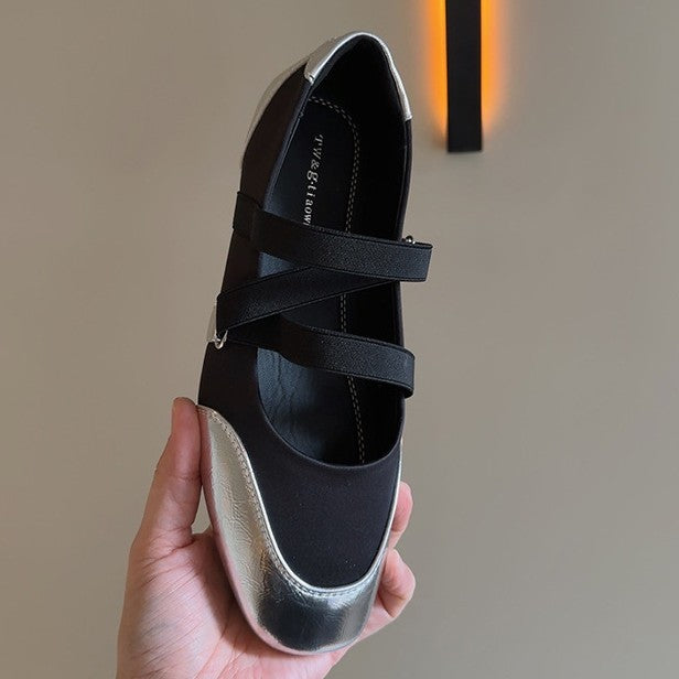 Flat Shoes Women's Square Toe 2025 New Spring Pumps Mary Jane Ballet Shoes with Elastic Band Silver Soft Soled Singles
