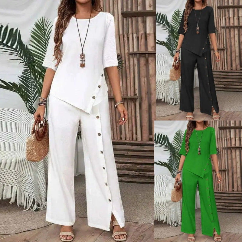 2025 Women's Irregular Hem Trousers Set Elegant Fashion Casual Buttoned Half Sleeve Shirt Loose Two-Piece Set
