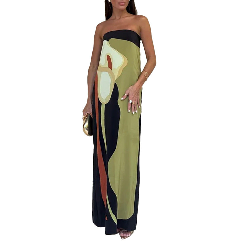 2025 independent station new European and American women's fashion sleeveless off-the-shoulder avant-garde backless printed European and American dresses