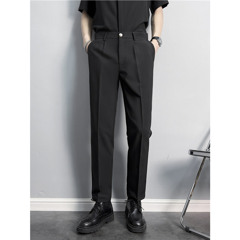 Slim fit, straight, anti-wrinkle suit trousers, men's non-iron, business casual pants, high-end drape, black cropped trousers