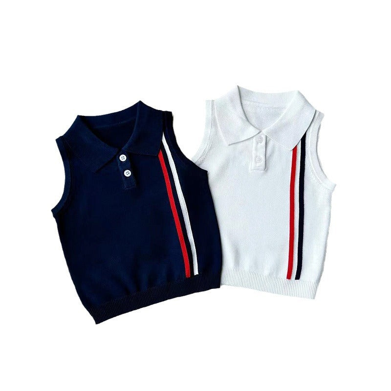 Kids Vest 2024 Summer New Baby Thin Cool Ice Silk Knit Top Baby Lapel Polo Shirt Trend