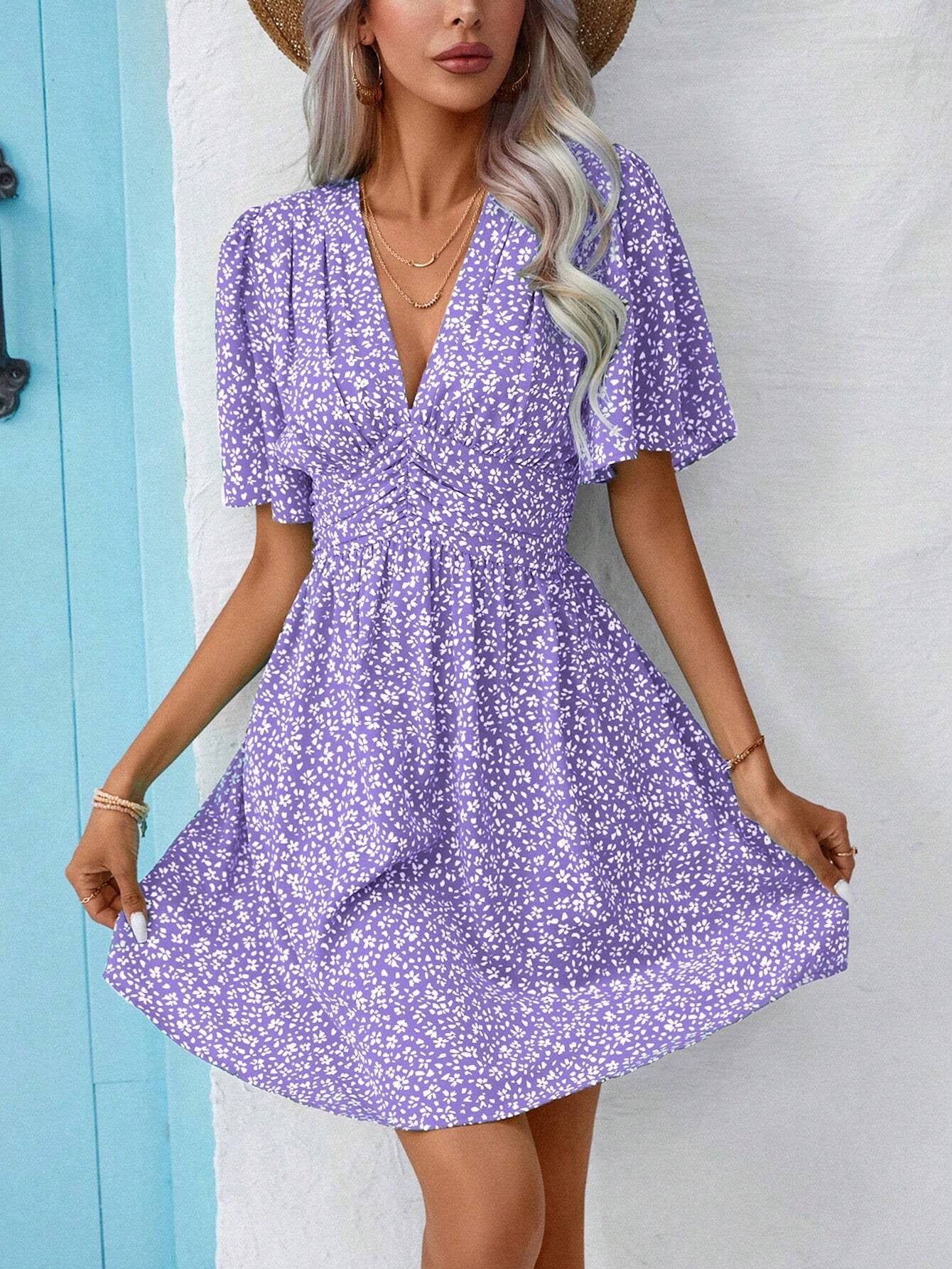 2025 European and American Amazon cross-border women's summer new V-neck mid-sleeve printed high-waisted floral pleated dress