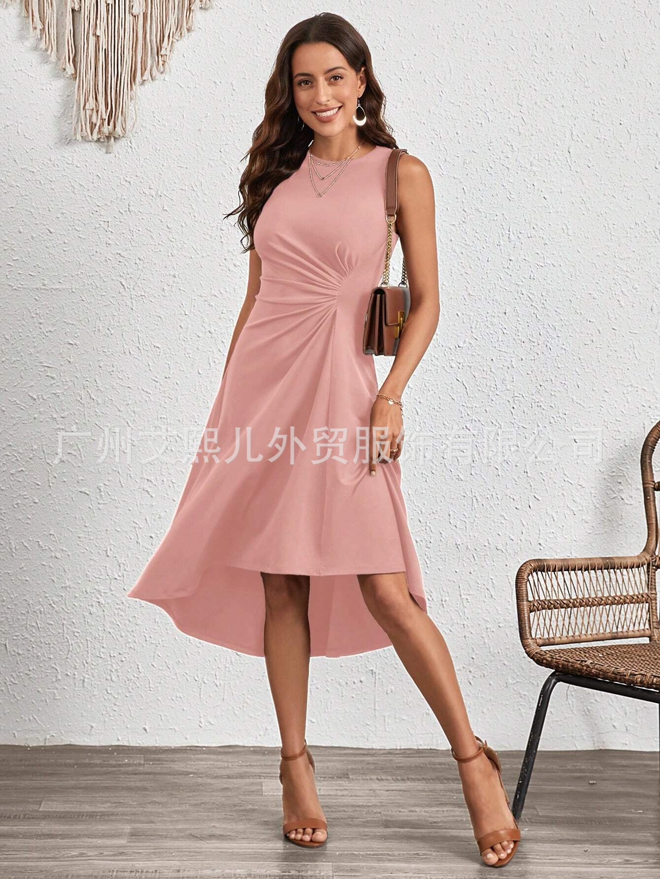 2025 Summer European and American Amazon Cross-border Women's Summer New Fashion Sleeveless Solid Color A-line Crushed Medium Dress
