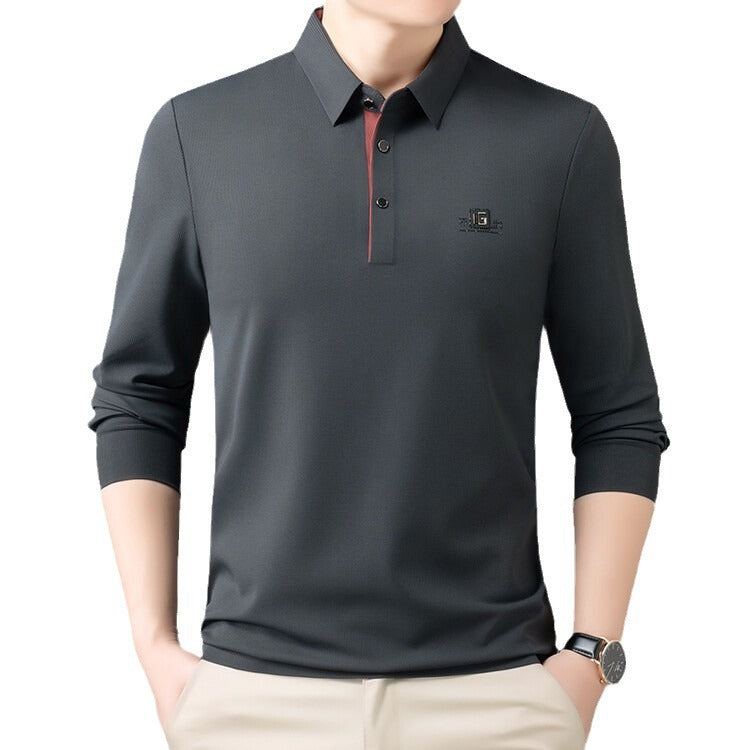 2025 Spring and Autumn Men's Polo Long Sleeve T-Shirt Simple Business Casual Loose Middle-Aged Dad Wear Top Base Shirt