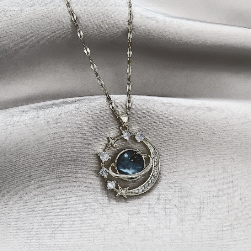 Starry Sky Planet Light Luxury Temperament Gorgeous Full Diamond Necklace Women's Versatile Clavicle Necklace Temperament Light Luxury Niche Design Sense