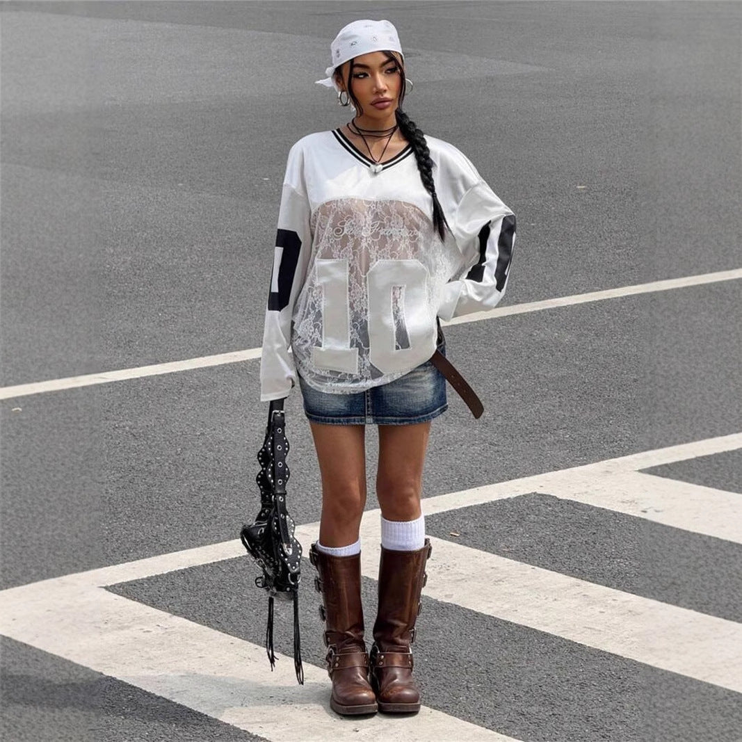 European and American summer new women's clothing, cross-border foreign trade, personality trendy style, printed lace, see-through V-neck sweatshirt