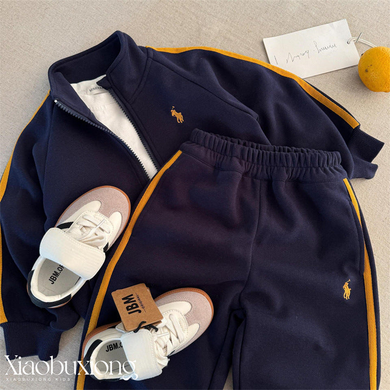 Little cloth bear children's set 25 spring and autumn new men's and women's embroidered sweatshirt set baby sports two-piece set trend