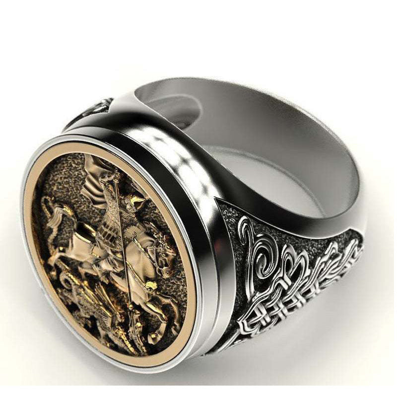Huajie Unique Sovereign Men's Ring Portrait of St. George Plated 925 Two-Tone Roman Soldier Dragon Ring
