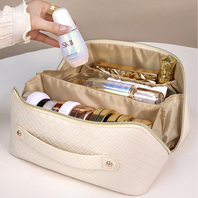 Cross-border hot PU leather cosmetic bag multi-functional checkerboard pillow bag large capacity waterproof travel portable toiletry bag