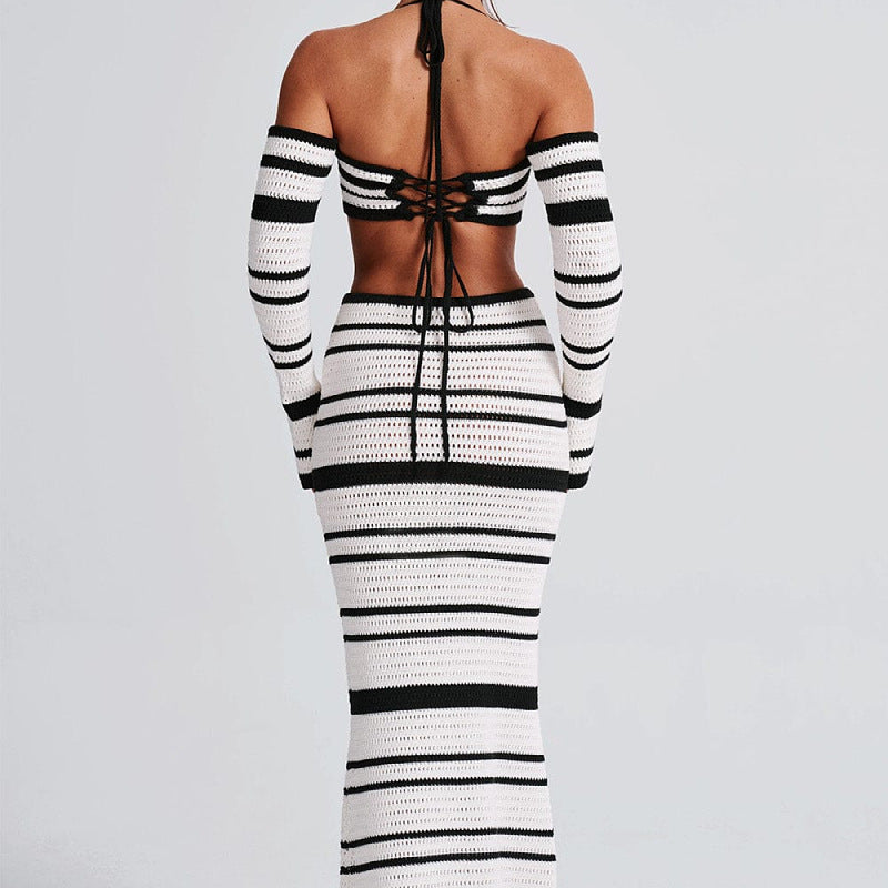 2025 New European and American Cross-border Babes Women's Suit Summer Stripe Long Sleeve Halterneck Top Skirt Two-Piece Women's