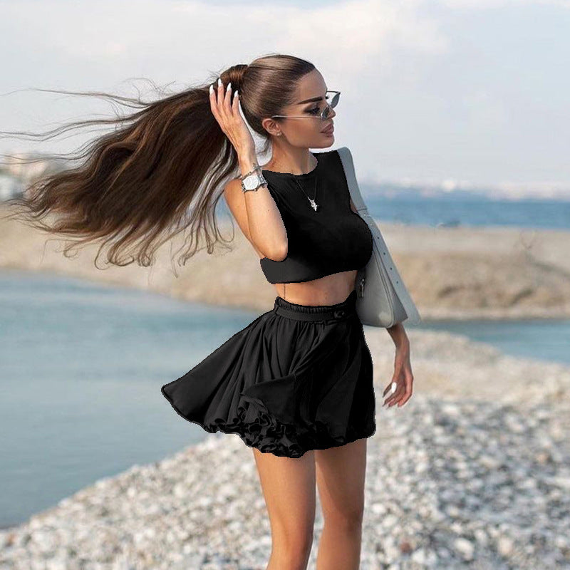 2025 cross-border European and American new women's fashion resort style sexy backless vest skirt casual two-piece suit women