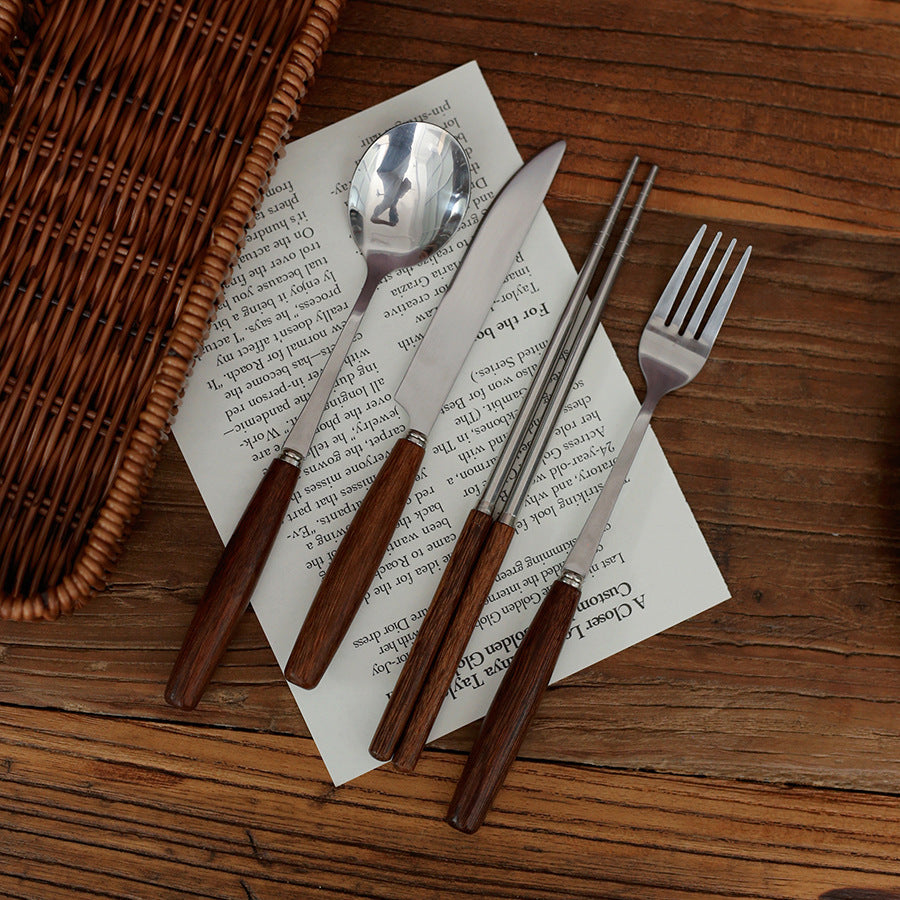 Korean ins style chicken wing wooden handle knife fork spoon Western food restaurant stainless steel niche high-grade feeling pasta fork tableware