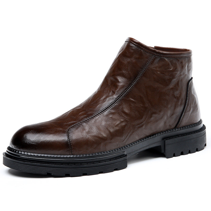 Side zipper martin boots men's velvet english leather cargo biker boots winter increase high top chelsea boots
