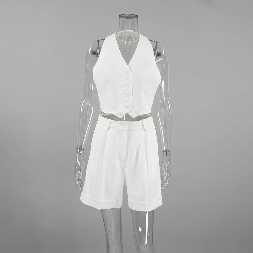 Spring and summer new commuter style sleeveless V-neck halterneck hot pants set 2024 European and American fashion cross-border wholesale two-piece set