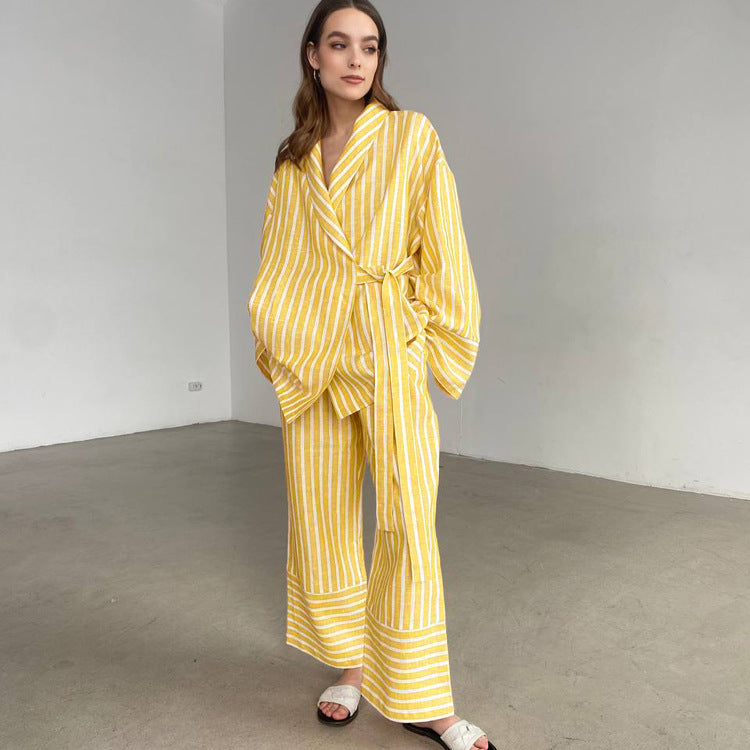 European and American women's clothing 2025 autumn new striped long sleeve loose lace-up top, high waist trousers, fashion casual suit