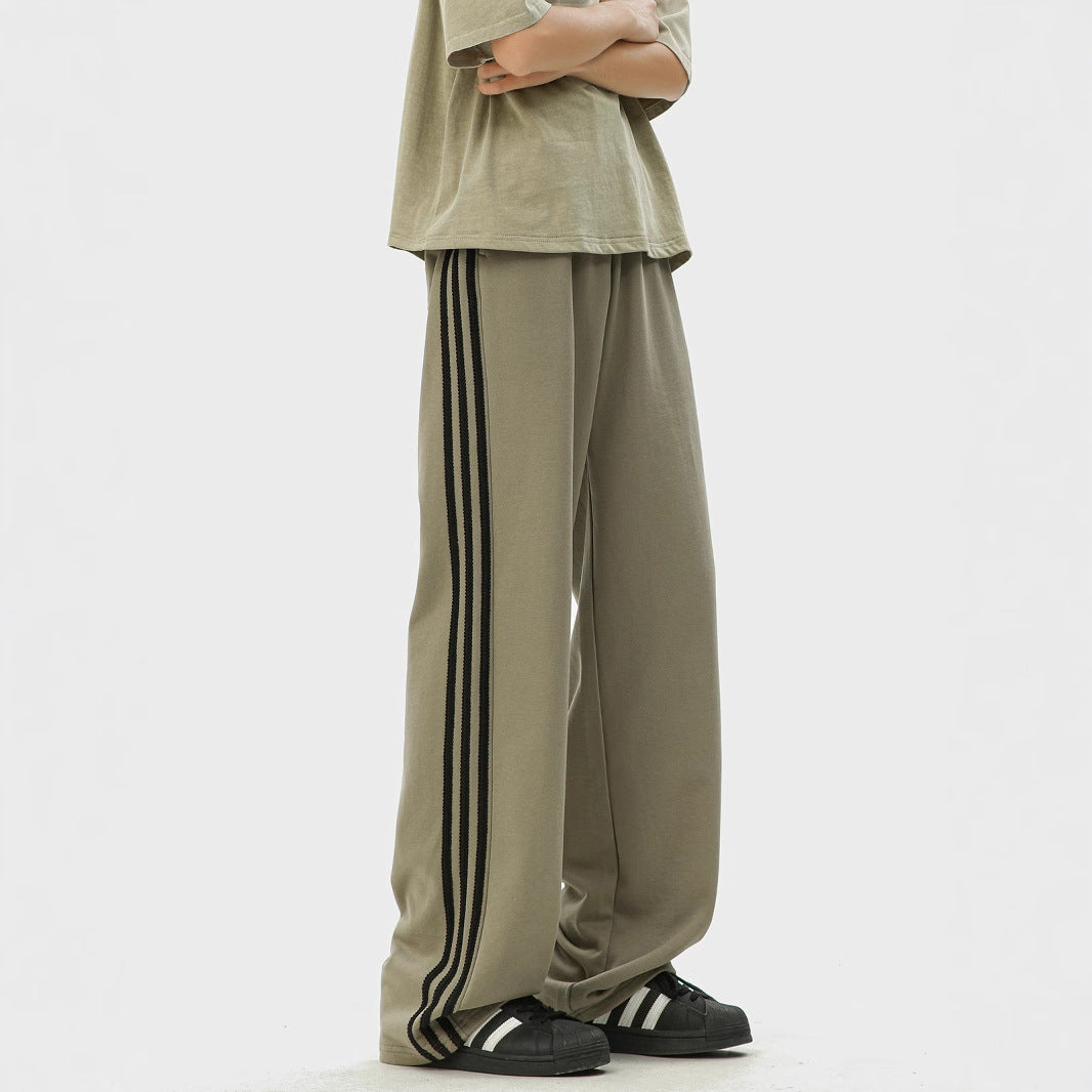 Three bar pants men's 2025 spring new American retro heavyweight sweatpants trendy brand loose straight casual pants
