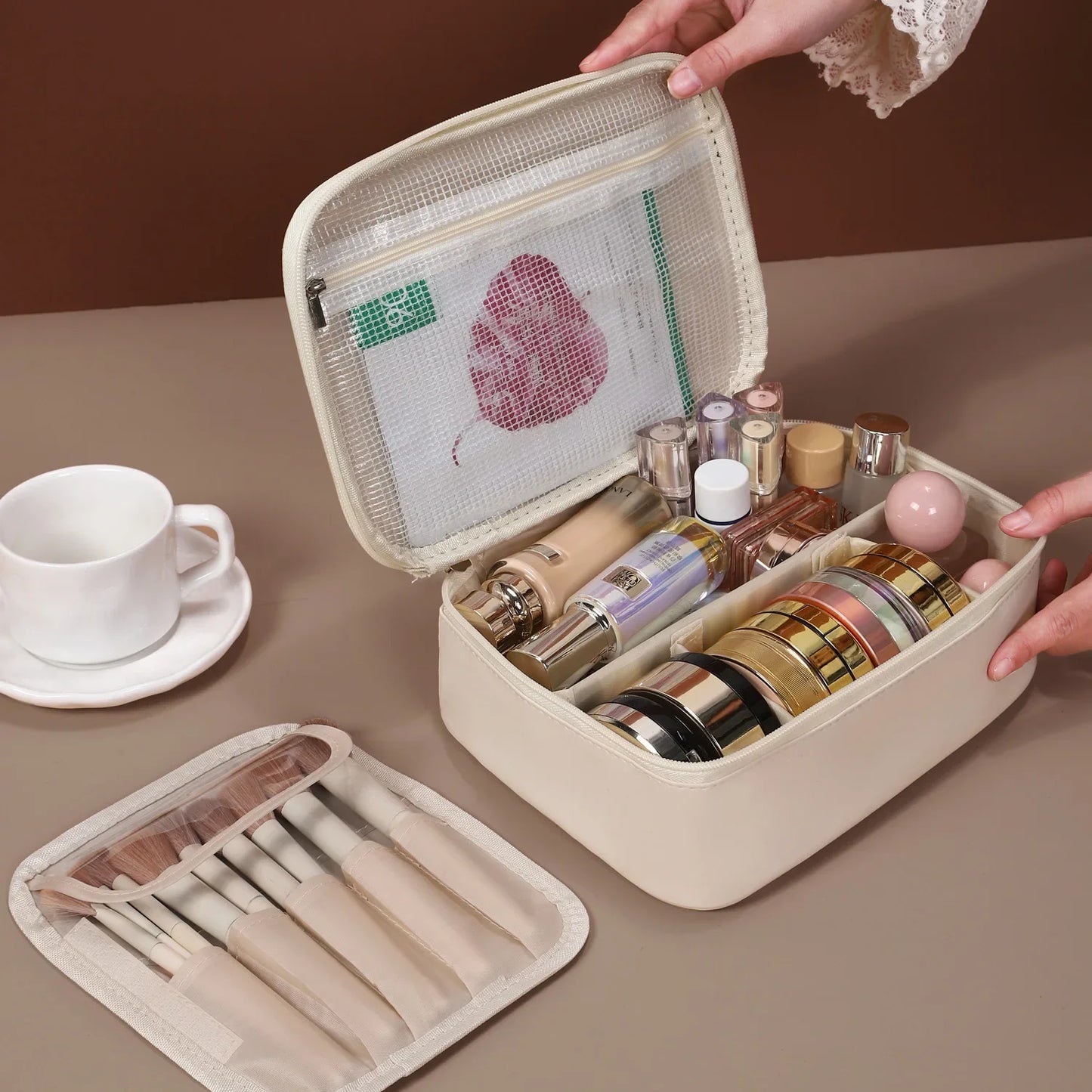 PU waterproof cosmetic bag partition layered three-dimensional non-collapse female large-capacity storage bag portable toiletry bag one batch