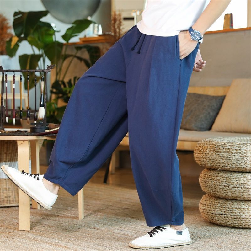 Chinese style cotton and linen male pants summer thin section retro lantern pants loose wide leg trousers men linen casual pants