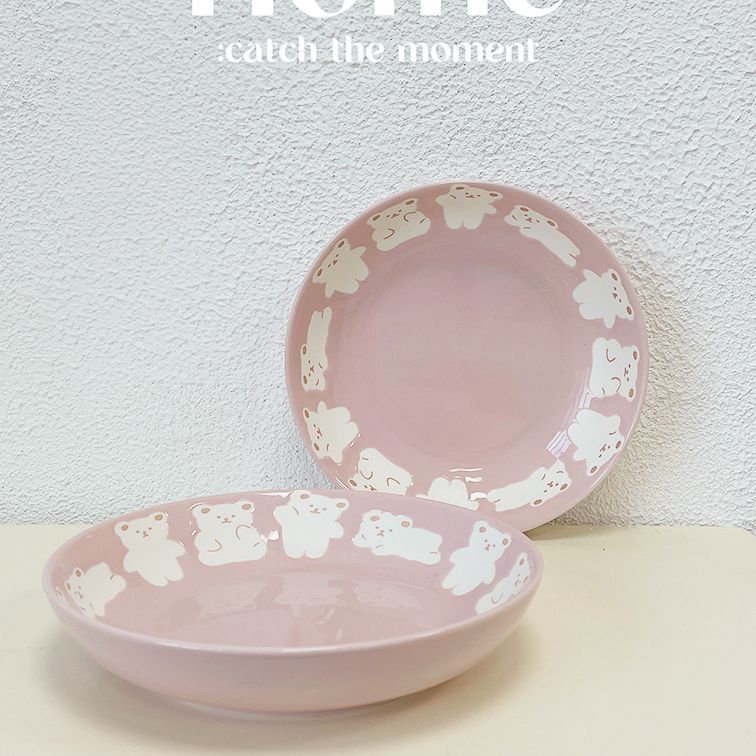 Girl's heart Internet celebrity bear ceramic bowl plate ins Harajuku style cute relief dinner plate home breakfast plate dessert plate