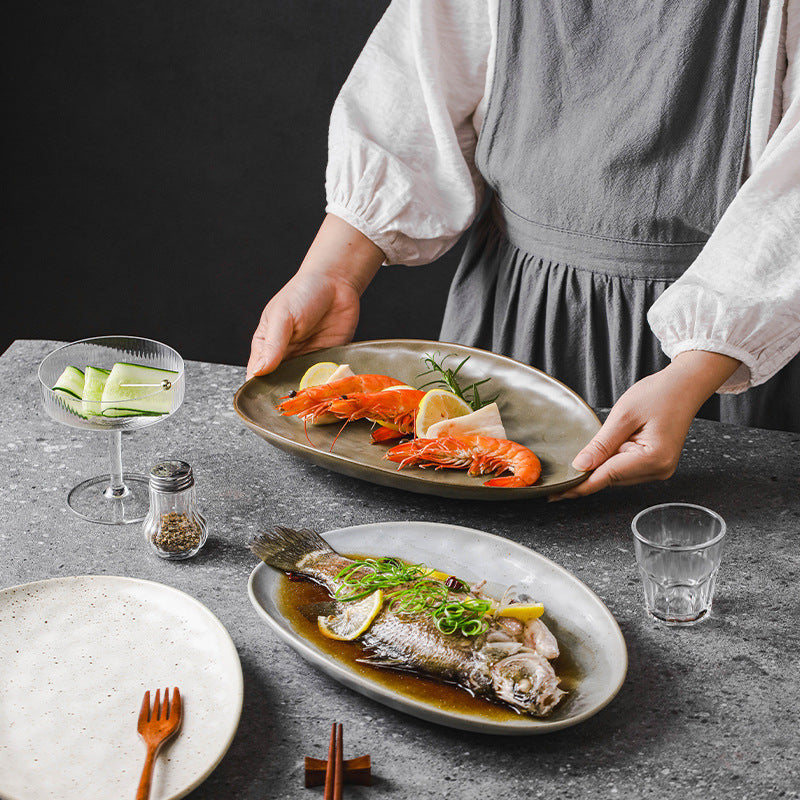 Cross-border Japanese ceramic large oval sashimi plate household fish plate Dan-shaped barbecue plate commercial vegetable plate table tableware