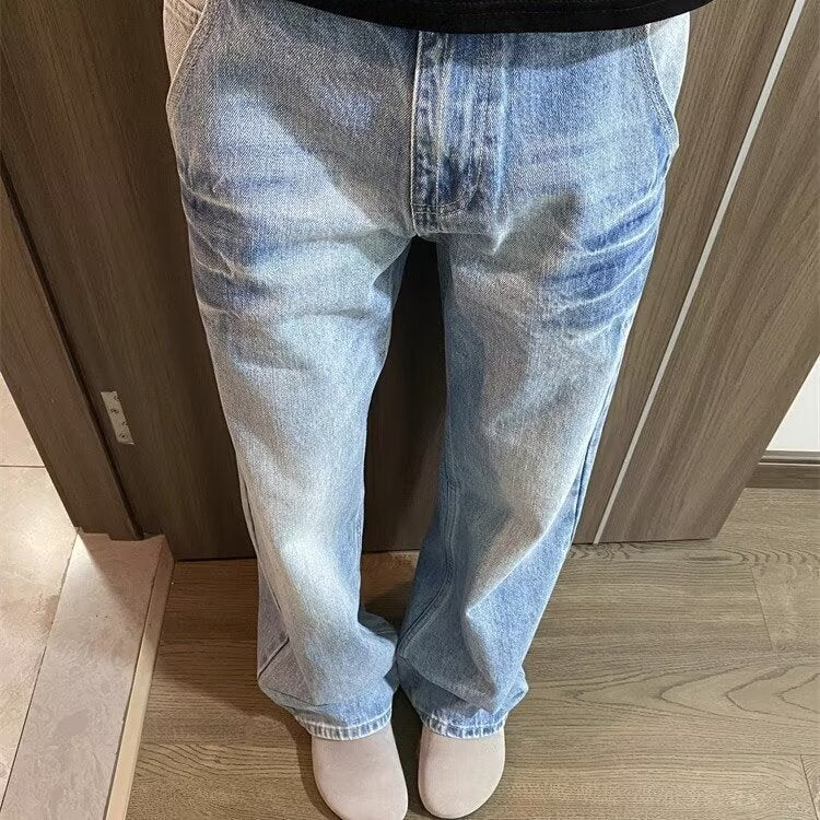 Niche crack design washed light blue jeans, men's American trend, casual and versatile, loose straight leg trousers