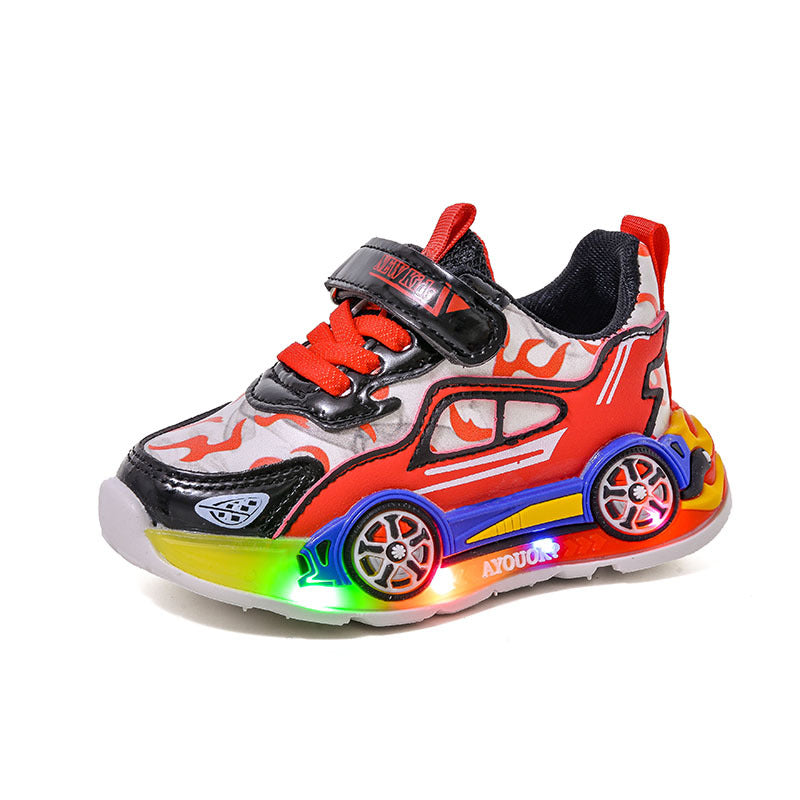 Luminous sneakers 2025 spring and autumn new cartoon car children's casual shoes for little boys leather light shoes