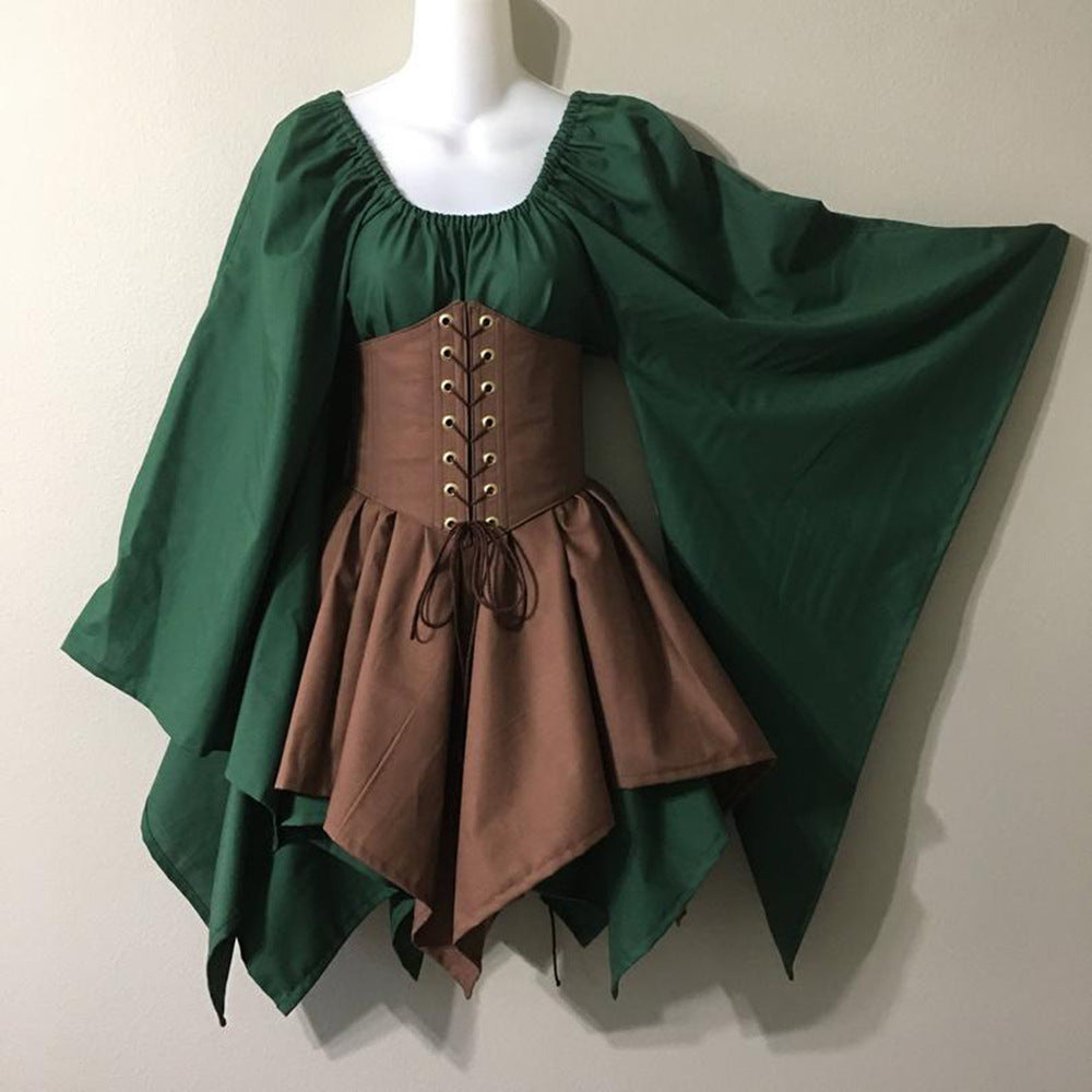 Cross-border new European and American bell sleeve long sleeve medieval Renaissance dress stitching long skirt one piece for hair
