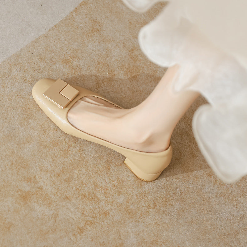 Leather pumps, women's block heels, spring and autumn new versatile square toe medium heel granny shoes, commuter work shoes