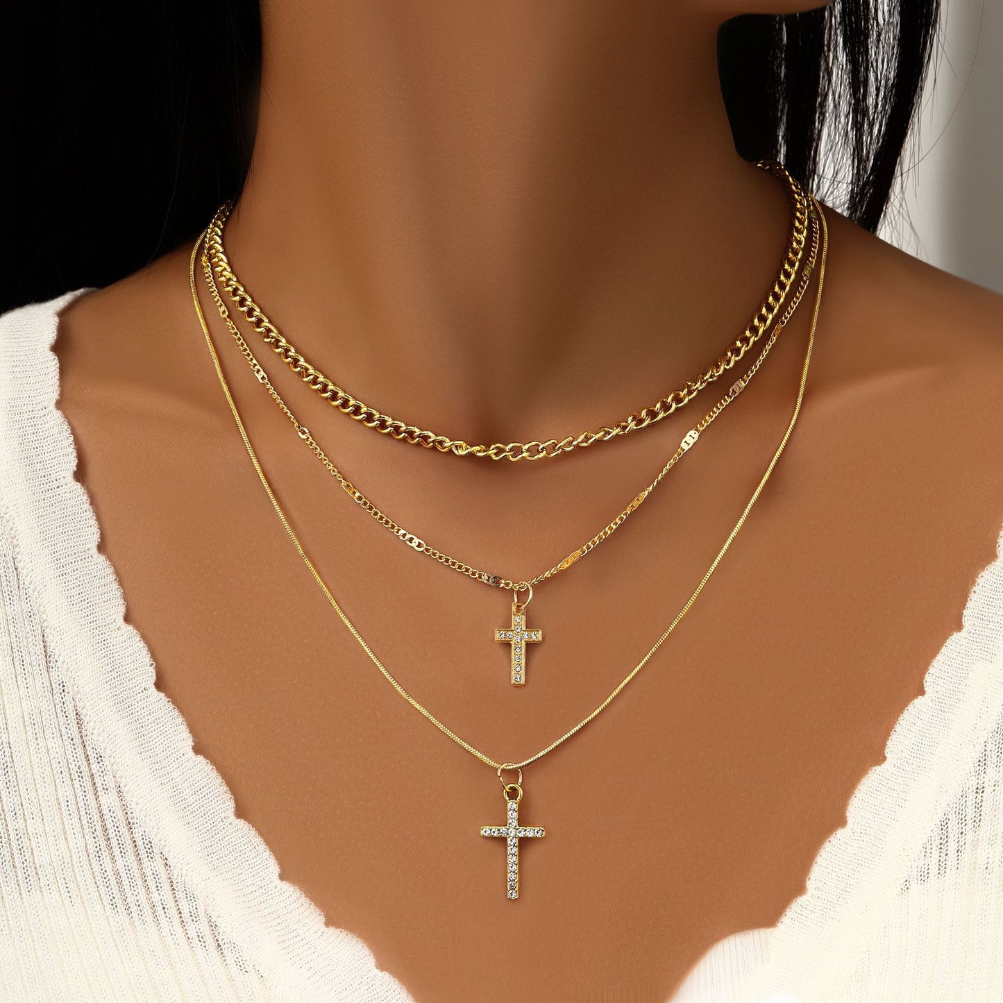 European and American cross-border hip hop ins diamond cross pendant long necklace personality multi-layer clavicle chain female wholesale