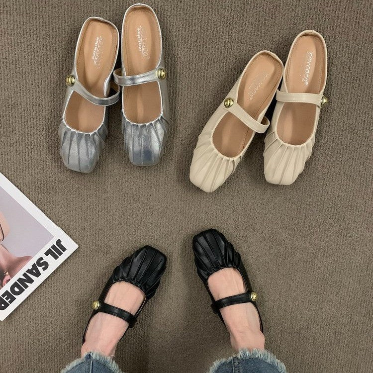 Silver flat toe semi-slippery sandals for women's spring and autumn high-end sense in summer, wearing Mary Jane Muller with skirt and single shoes
