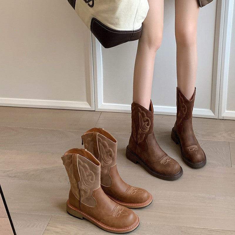 British style vintage embroidered western cowboy boots for women 2024 new autumn Maillard knight booties martin boots