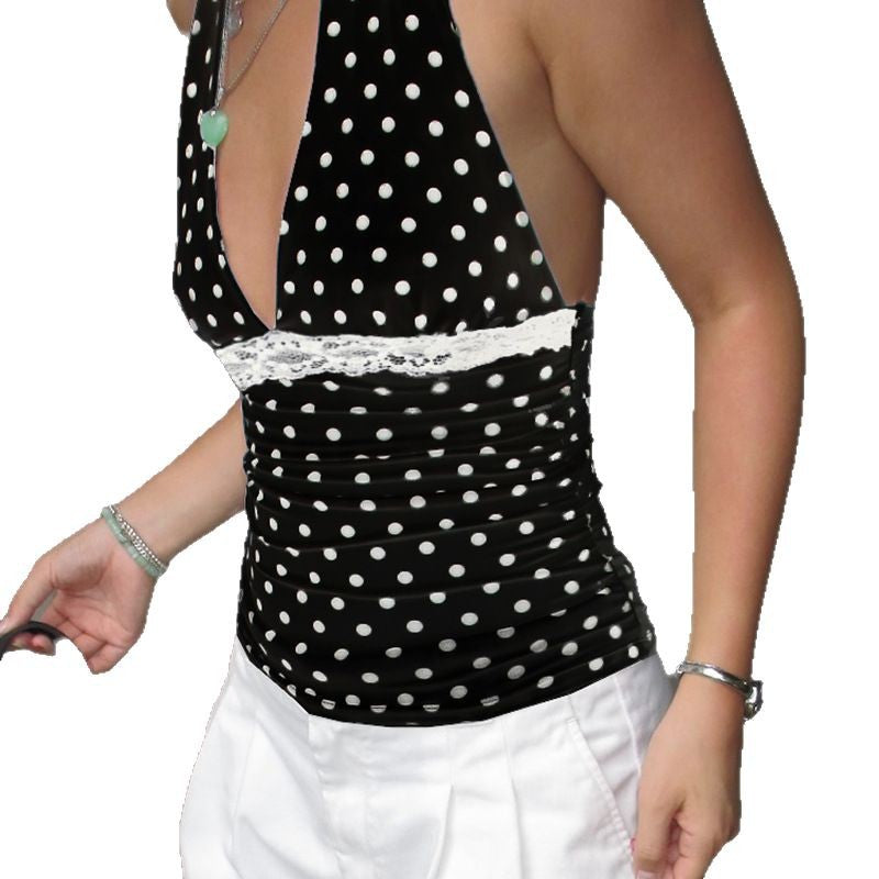 Summer 2024 polka dot print, contrasting lace side panels, V-neck, sleeveless halterneck, leaky back, sexy fashion vest