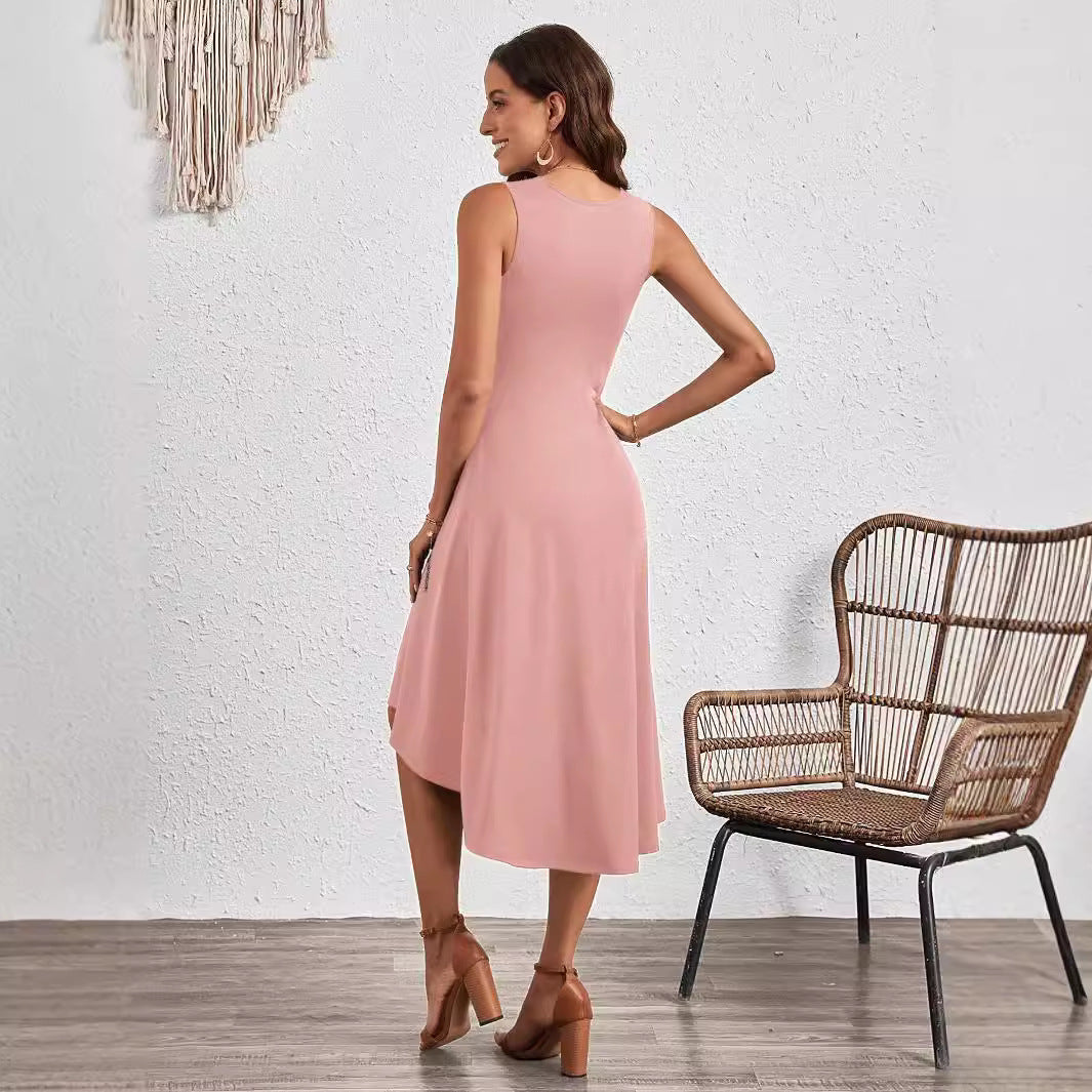 2025 Summer European and American Amazon Cross-border Women's Summer New Fashion Sleeveless Solid Color A-line Crushed Medium Dress