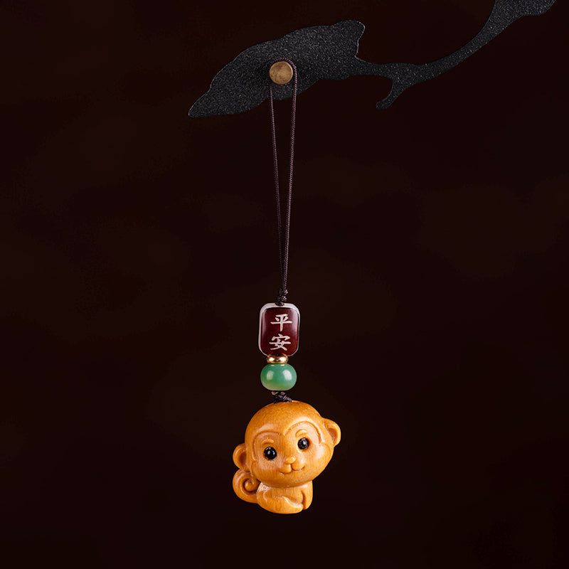 Sandalwood zodiac monkey car keychain pendant delicate and cute safe mobile phone chain pendant male and female couple little monkey gold
