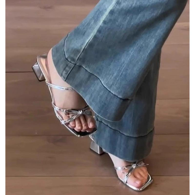 High Heels Women's Wear Summer 2025 New Versatile Niche French Fashion Bow Block Heel Slippers Women's Sandals