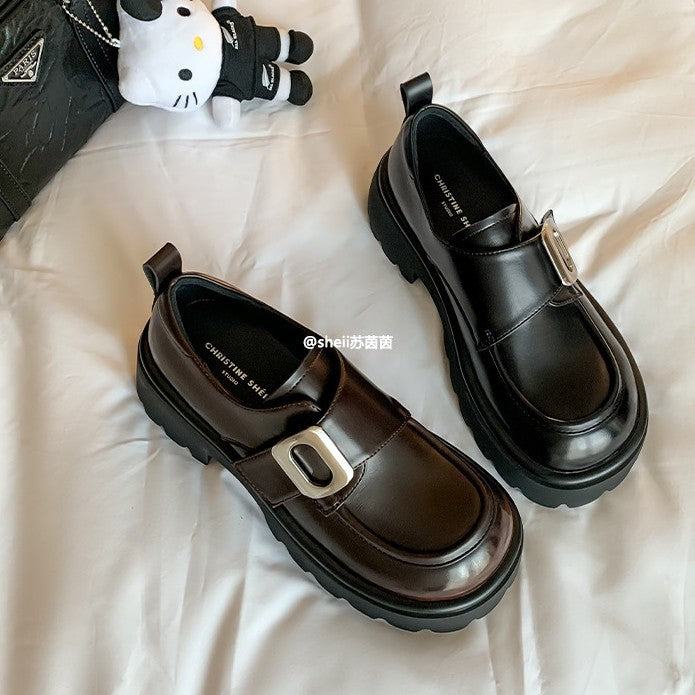 Sheepskin version ~ leather thick-soled flatform college style slip-on loafers women's British style retro small leather shoes single shoes