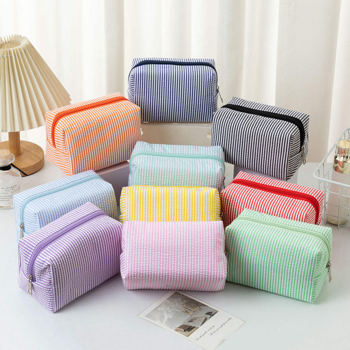 Cross-border hot selling seersucker cosmetic bag hand holding large capacity toiletry bag embroidered stripe travel cosmetics storage bag