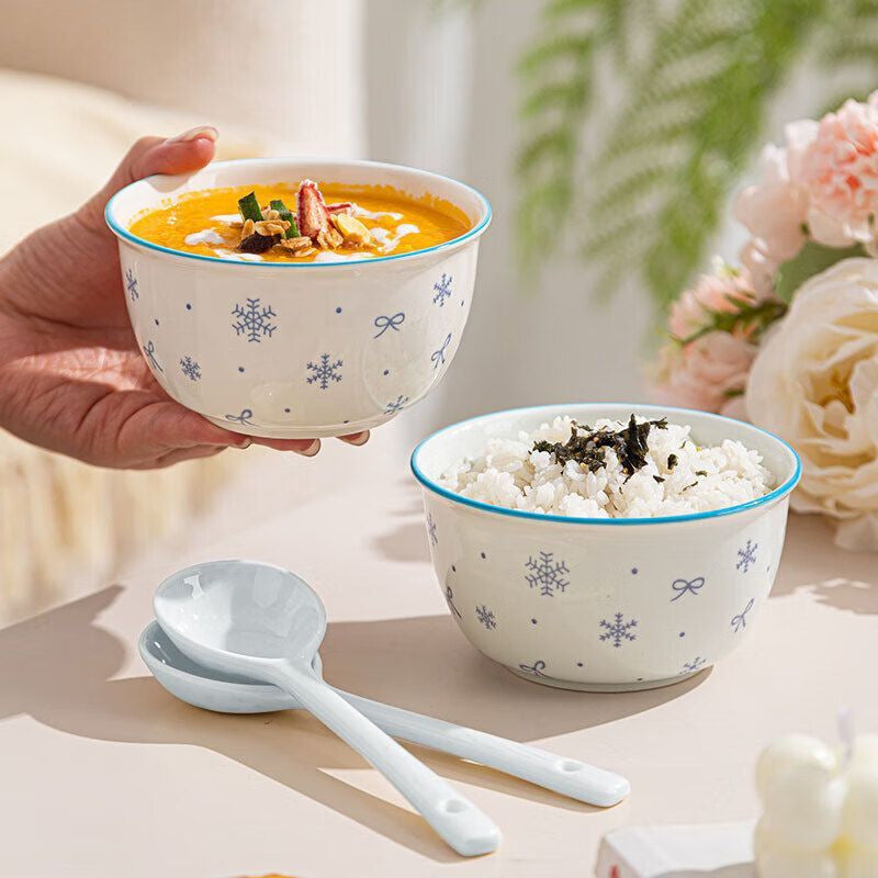 Underglaze color dish set, household high-value ceramic tableware four-piece set, couple bowl and chopstick set, rice bowl, spoon