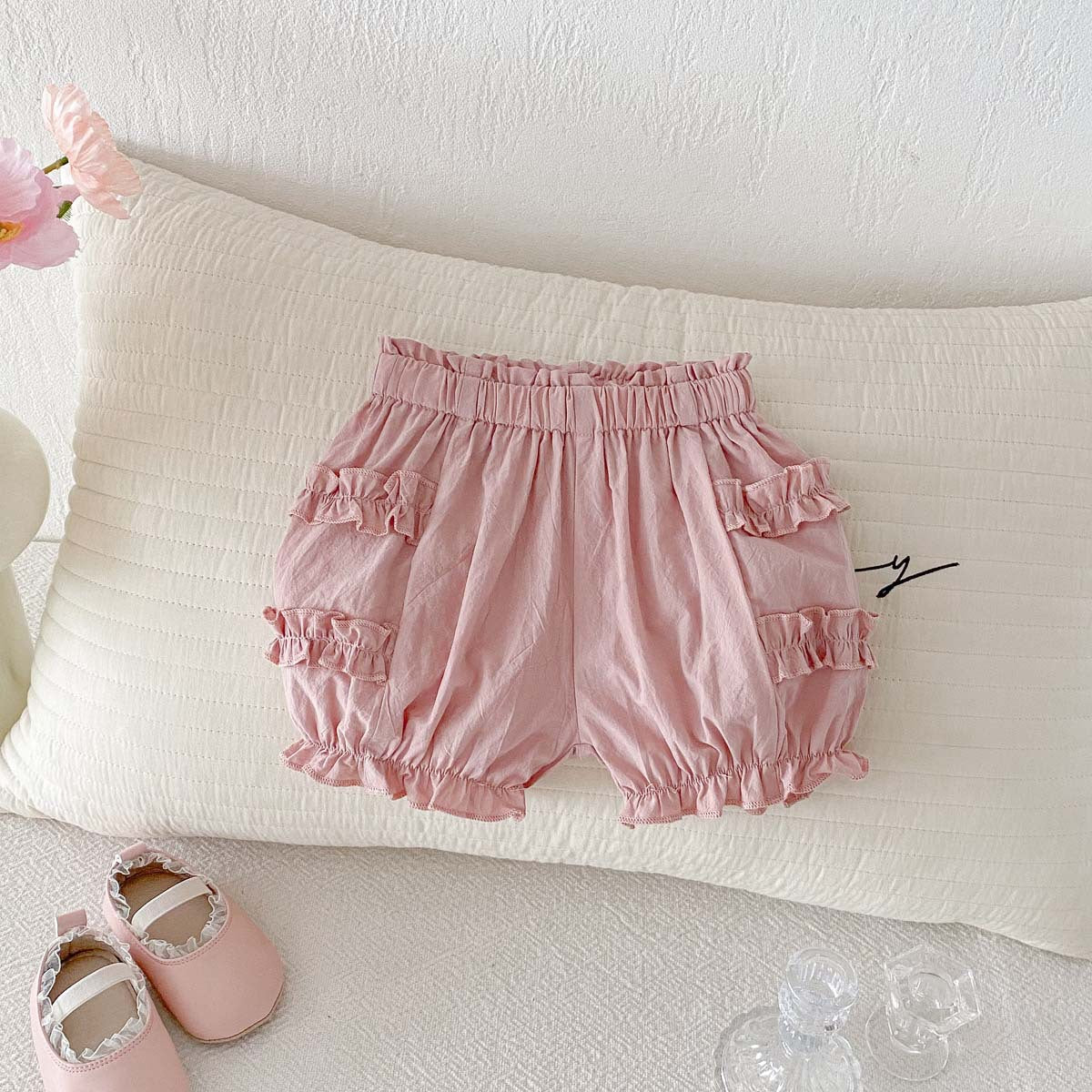 Baby summer thin cotton bud pants shorts, baby girls solid color fungus edge, sweet casual pants are versatile