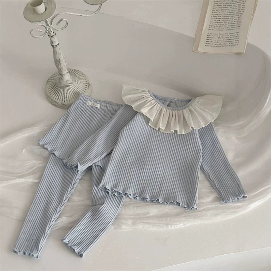 INS Spring and Autumn Infant Pit Strip Ruffle Collar Long-sleeved Top + Culot Two-Piece Sweet Set for Baby Girl